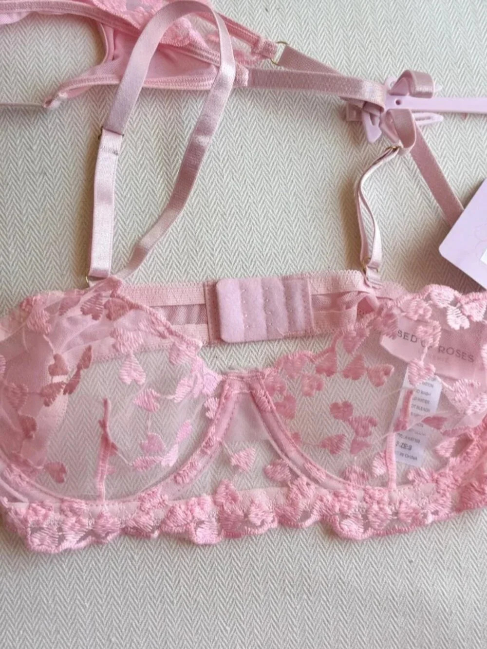 Bed of Roses Pink Heart Embroidered Mesh Lingerie Set Bra Thong Size S NWT